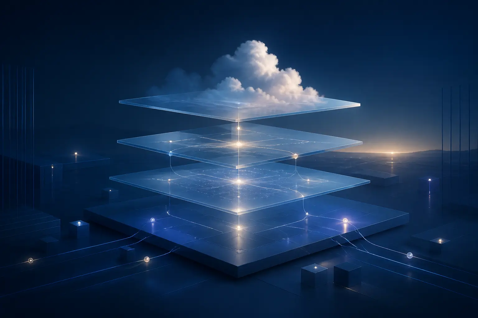Capas de infraestructura cloud conectadas por puntos de luz