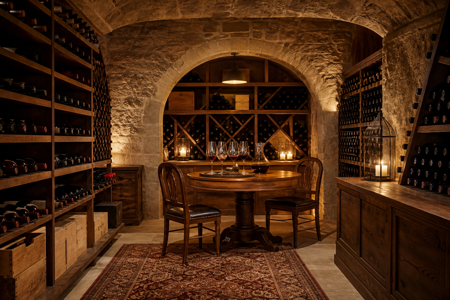 Interior de una cava de vinos con muros de piedra y mesa de degustación