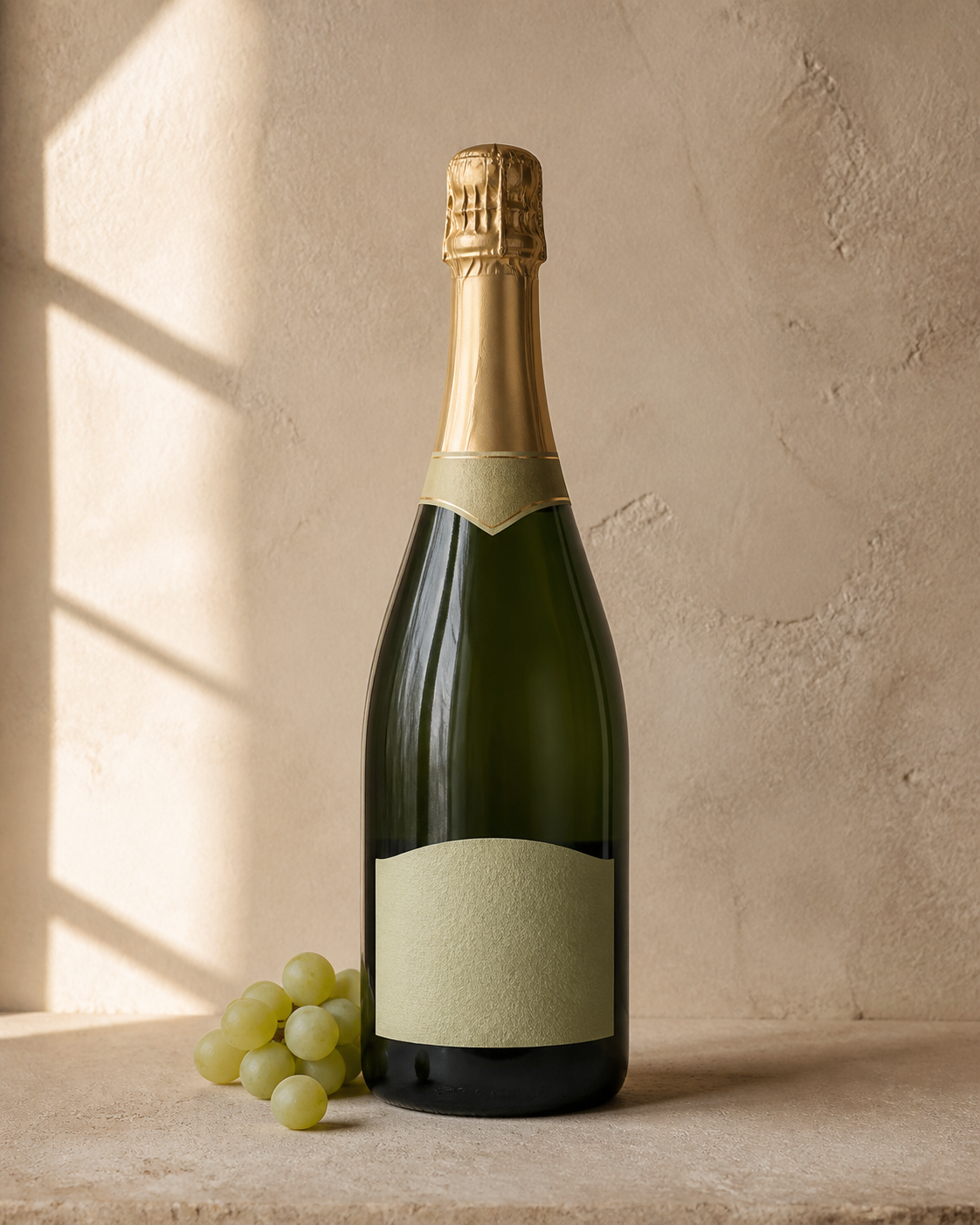 Botella de espumante brut selección con uvas claras